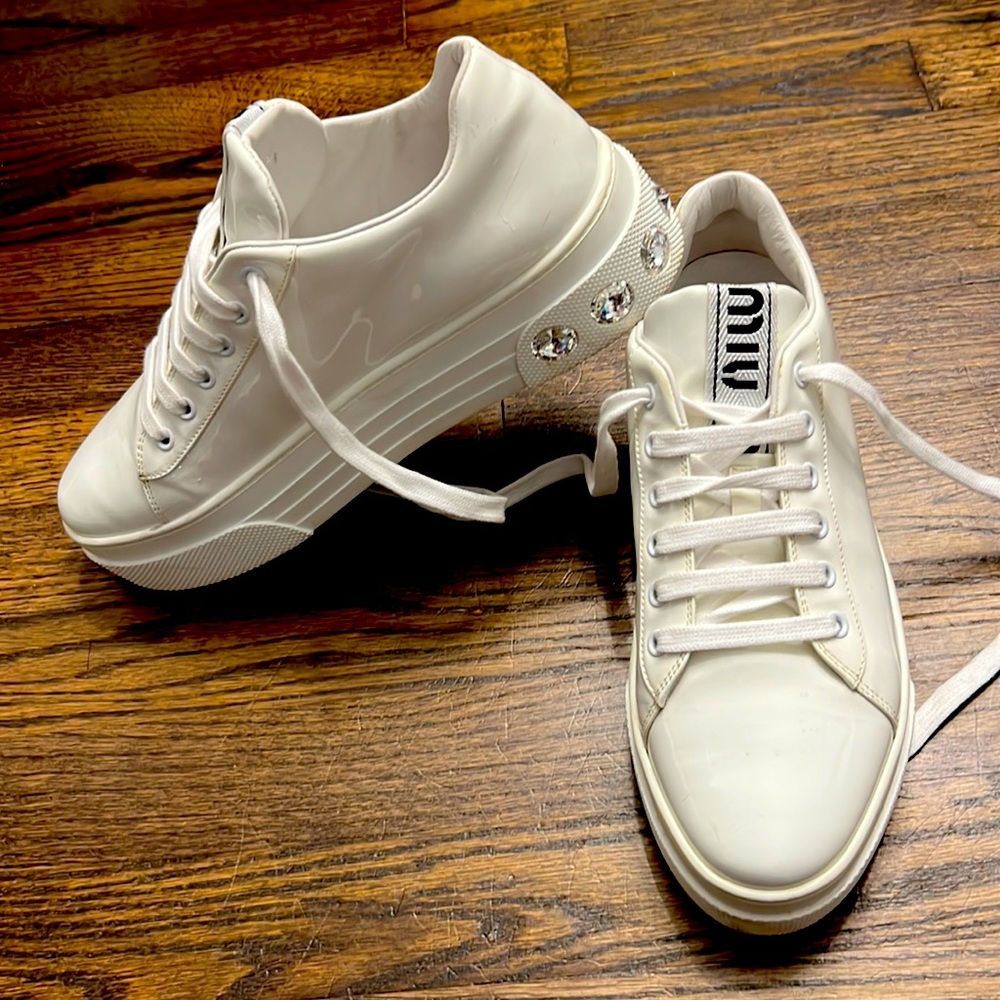 Miu Miu white Crystal Embellished Leather Sneaker